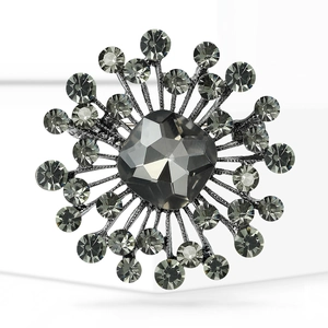 Retro sunflower crystal brooch with grey gemstone center and vintage alloy finish