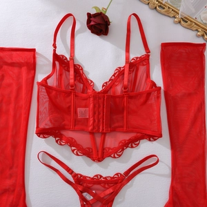 Détail d'un ensemble lingerie en dentelle rouge avec manches en tulle et culotte à brides