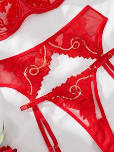 Nahaufnahme roter Netz-Dessous mit goldenen Pailletten und floraler Spitze