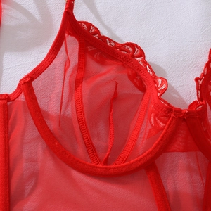 Vue détaillée du soutien-gorge rouge en dentelle avec armatures et broderie en tulle