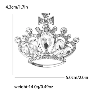 Detailed view of alloy rhinestone crown brooch showing dimensions 4.3cm by 5.0cm