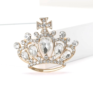 Exquisite gold alloy crown brooch with brilliant rhinestones for women suit or coat