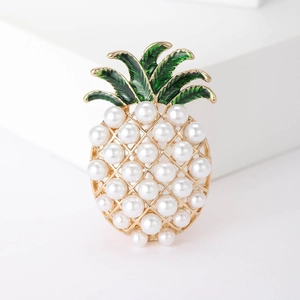 Elegant Alloy Pineapple Artificial Pearl Brooch With Green Enamel Leaves Fruit Shaped Jewelry Pin For Women Suits Accessories