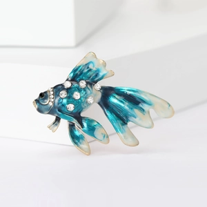 Spilla creativa a forma di pesce rosso 3D con smalto blu e strass brillanti
