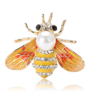 Broche abeille mignonne en alliage doré avec perle, strass et finition émail