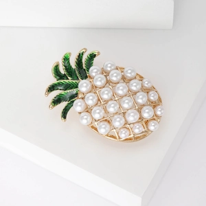 Creative pineapple brooch pin featuring gold alloy, green enamel leaves and white pearls