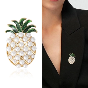 Creative gold pineapple brooch pin with white pearls and green enamel leaf accents