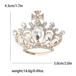 Elegant gold alloy crown brooch with white rhinestones, size 4.3x5.0cm for women's suits