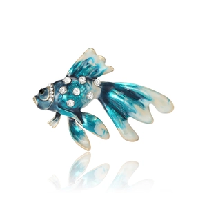Spilla creativa a forma di pesce rosso 3D con smalto blu sfumato e strass lucidi