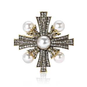 Broche vintage en alliage doré avec perles et strass au design d'étoile baroque