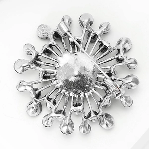 Detail view of the silver vintage brooch back showing the pin fastener and safety lock