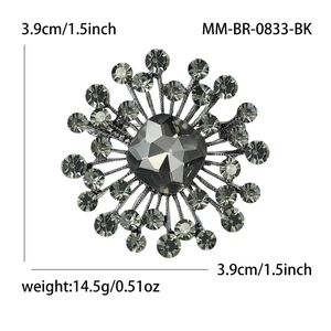 Vintage style snowflake brooch with dark crystal and measurements 3.9cm 1.5inch