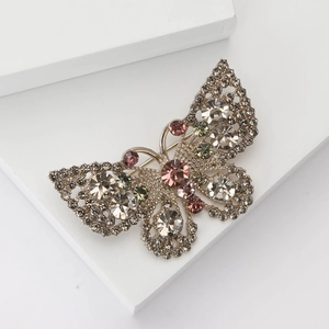 Elegant hollow butterfly brooch with multicolored rhinestones and gold alloy finish