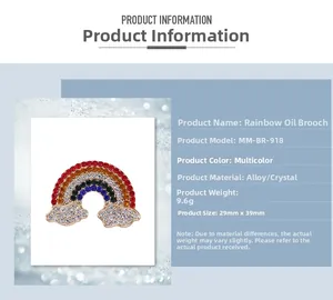 Detail view of rainbow rhinestone brooch with dimensions 29mm by 39mm and alloy specs