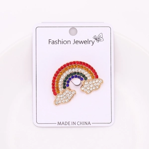Detailed view of alloy rainbow brooch with colorful rhinestones on a display card