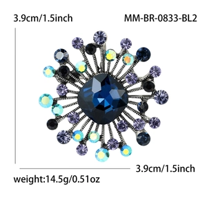 Retro snowflake brooch with deep blue crystals and iridescent rhinestones, 3.9cm size