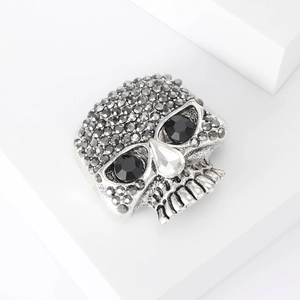 Retro punk silver skull brooch with gray rhinestones and black gem eyes on white stand