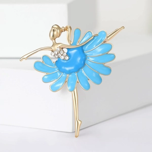 Detail of ballet dancer brooch with blue enamel tutu and sparkling rhinestone accents