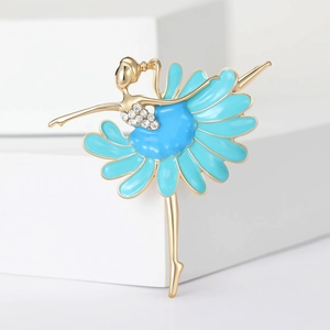 Elegant gold-tone ballet dancer brooch with blue enamel dress and sparkling crystals