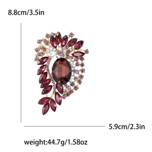 Detailed size specifications for the large flower brooch with red and pink rhinestones