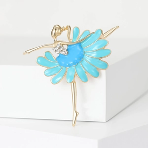 Detail of ballerina brooch with light blue enamel tutu and sparkling zircon accents