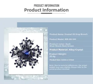 Detail specifications of ink blue geometric crystal flower brooch with rhinestone in alloy