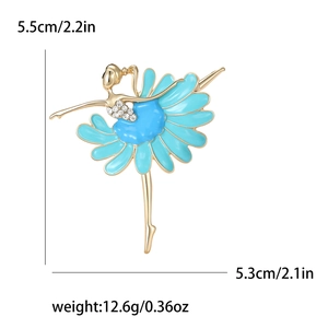 Elegant ballet dancer brooch in blue enamel and crystals with size specifications