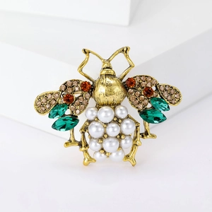 Vintage bee brooch with faux pearls and colorful crystals in antique gold finish