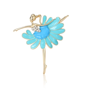 Elegant gold-tone ballerina brooch with blue enamel petal dress and sparkling rhinestones