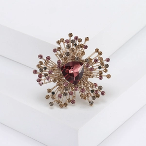 Irregular geometric crystal floral brooch with purple main stone and gold plating