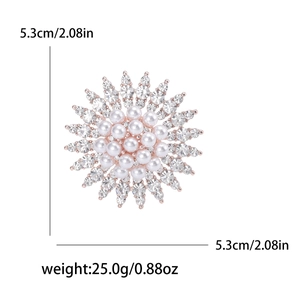 Elegant rose gold sunflower brooch with white pearls and sparkling rhinestones 5.3cm