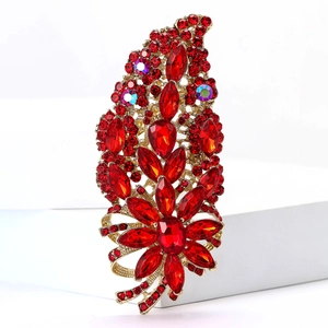 Exquisite gold alloy flower brooch with red rhinestones and crystals for suits