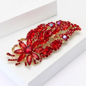 Exquisite flower brooch pin with red rhinestones and golden base for women's elegant suits