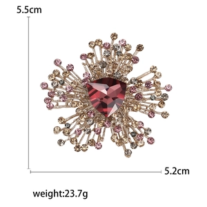 Irregular geometric crystal flower brooch with red stone and multi-color rhinestones