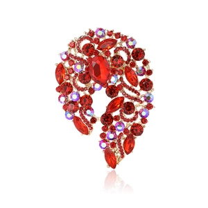 Elegant vintage style large red crystal brooch with gold alloy and AB rhinestones