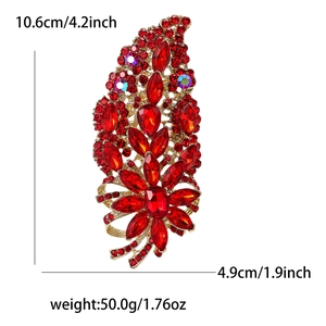 Elegant large crystal floral brooch with red rhinestones and bow design 10.6cm long