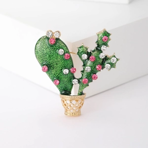 Fashion Cactus Potted Plant Enamel Brooch Alloy Pink White Rhinestone Inlaid Pin Decorative Jewelry For Women Clothing Gift