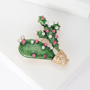 Green cactus brooch in a golden woven pot with pink rhinestones for women