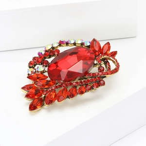 Exquisite gold alloy brooch with large oval ruby and marquise crystals for women