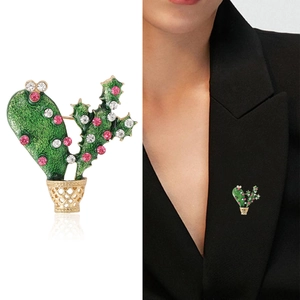 Charming cactus brooch with green enamel and crystals on golden flowerpot base