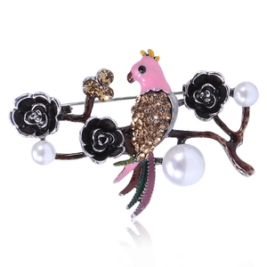 Vintage Alloy Bird And Flower Brooch With Rhinestones And Faux Artificial Pearls Enamel Rose Branch Breastpin Jewelry For Women