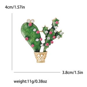 Sparkling cactus enamel brooch with pink rhinestones and golden basket for women