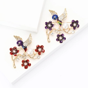 Elegante Broche de Flor de Colibrí de Aleación Esmalte Incrustaciones de Strass Perla Artificial de Imitación Joyería de Moda Mujer