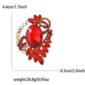 Exquisite red rhinestone alloy brooch with large oval crystal and size measurements
