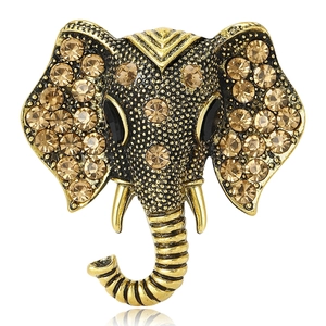 Retro Alloy Elephant Head Brooch Pin With Amber Rhinestone Animal Shape Antique Gold Tone Fashion Jewelry For Women Gift