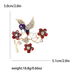 Broche de colibrí creativo en esmalte con flores púrpuras y perlas blancas para mujer