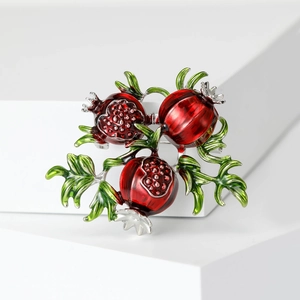 Artistic enamel red pomegranate brooch with green leaves and silver-tone metal finish