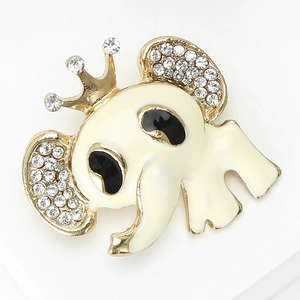 Broche éléphant mignonne avec couronne et strass en alliage doré et crème