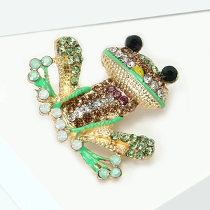 Vintage green frog brooch pin with colorful rhinestones and gold-plated metal base
