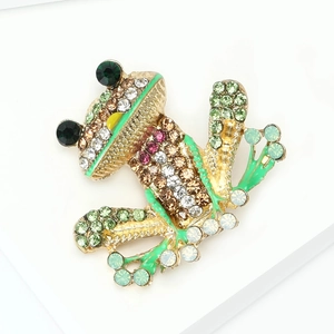 Detailed creative cartoon frog brooch with colorful rhinestones and green enamel finish